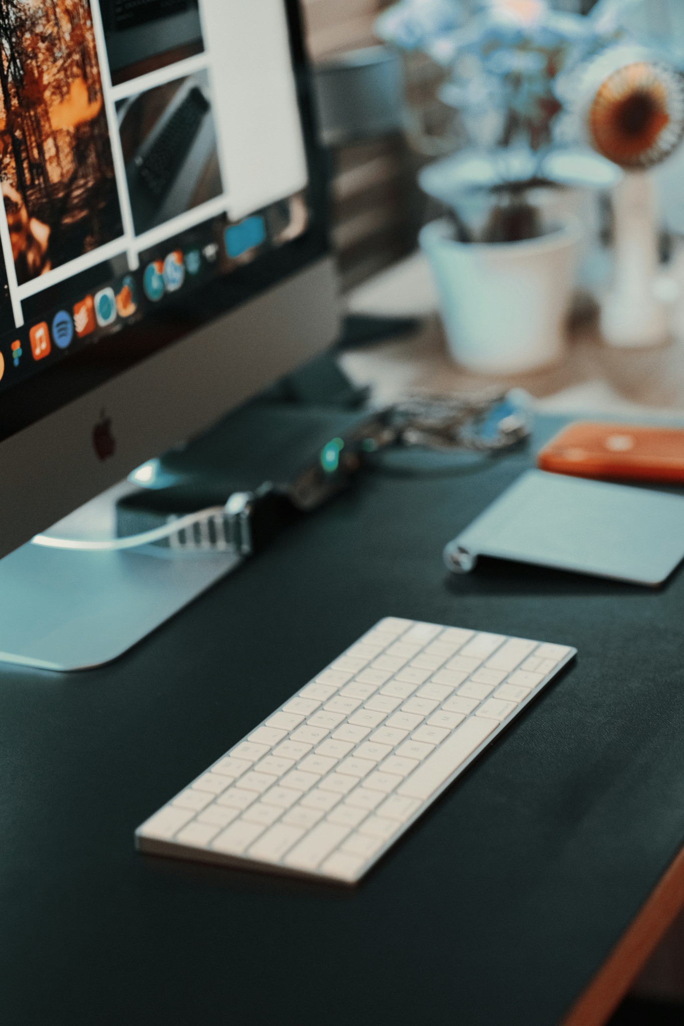 Desk with a computer and notebook